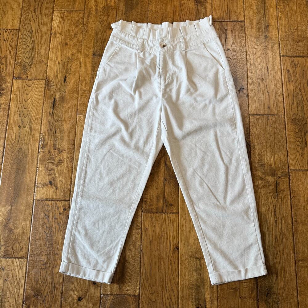 Pink Lily Paper Bag Taper Linen Blend Ankle Pants High Rise Cream Womens Sz M